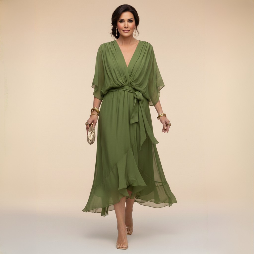 Olive green chiffon wrap dress with flowing kimono sleeves and tie waist
