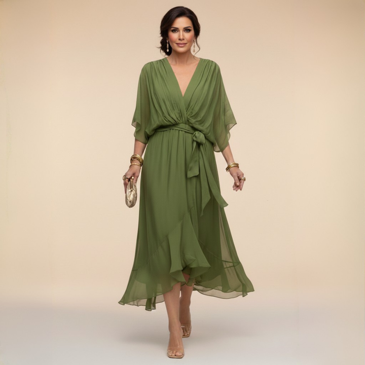 Olive green chiffon wrap dress with flowing kimono sleeves and tie waist