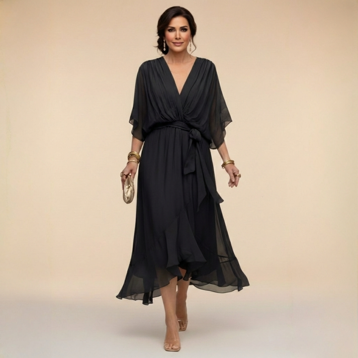 Black chiffon midi dress featuring a V-neck and belted waist