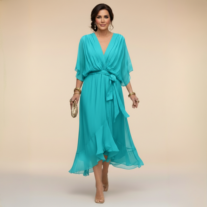 Turquoise midi dress with flutter sleeves and self-tie belt