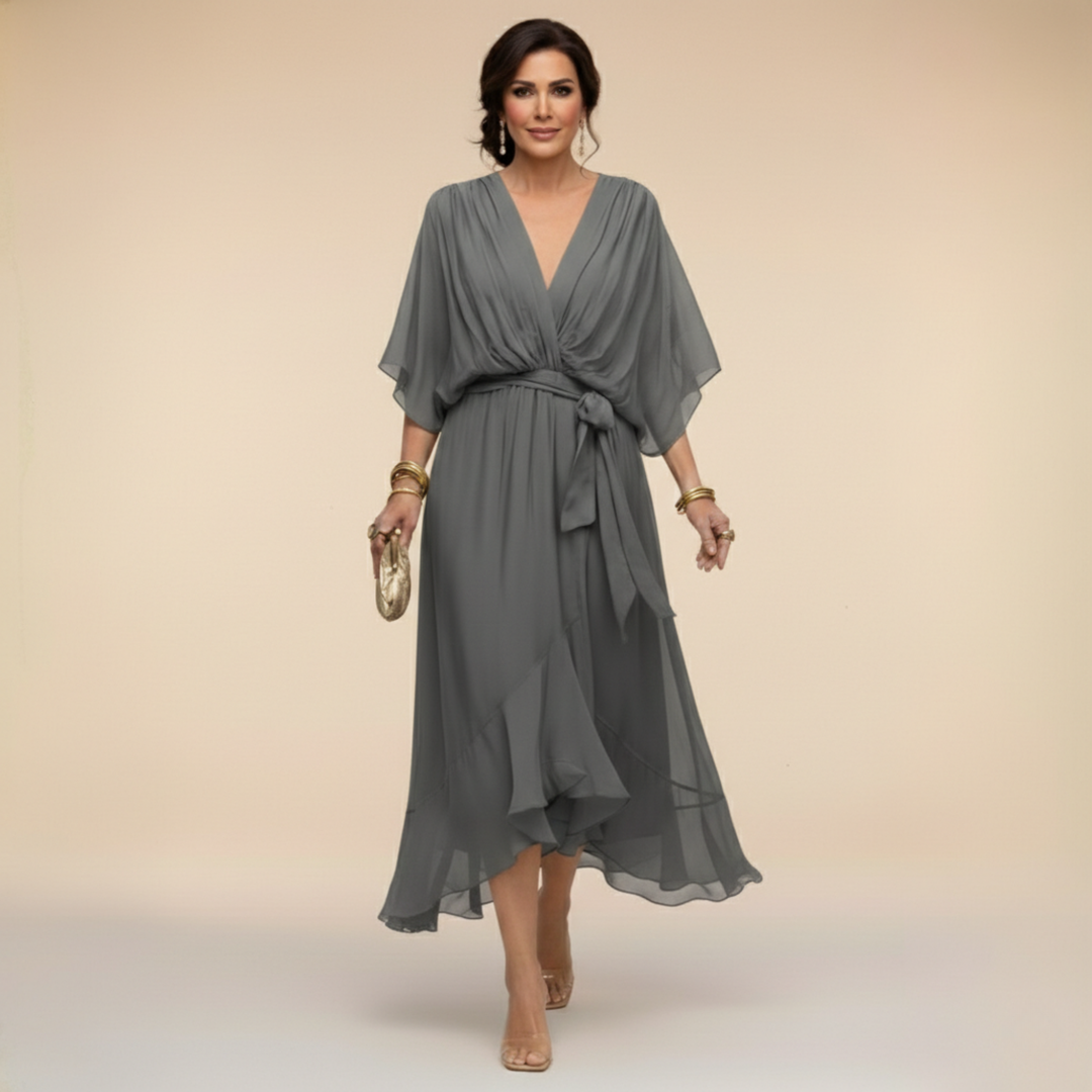 Grey chiffon wrap dress with V-neck and flowing hemline