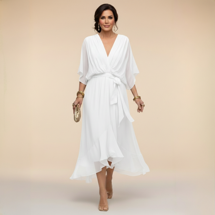 White chiffon midi dress featuring draped sleeves and tie waist