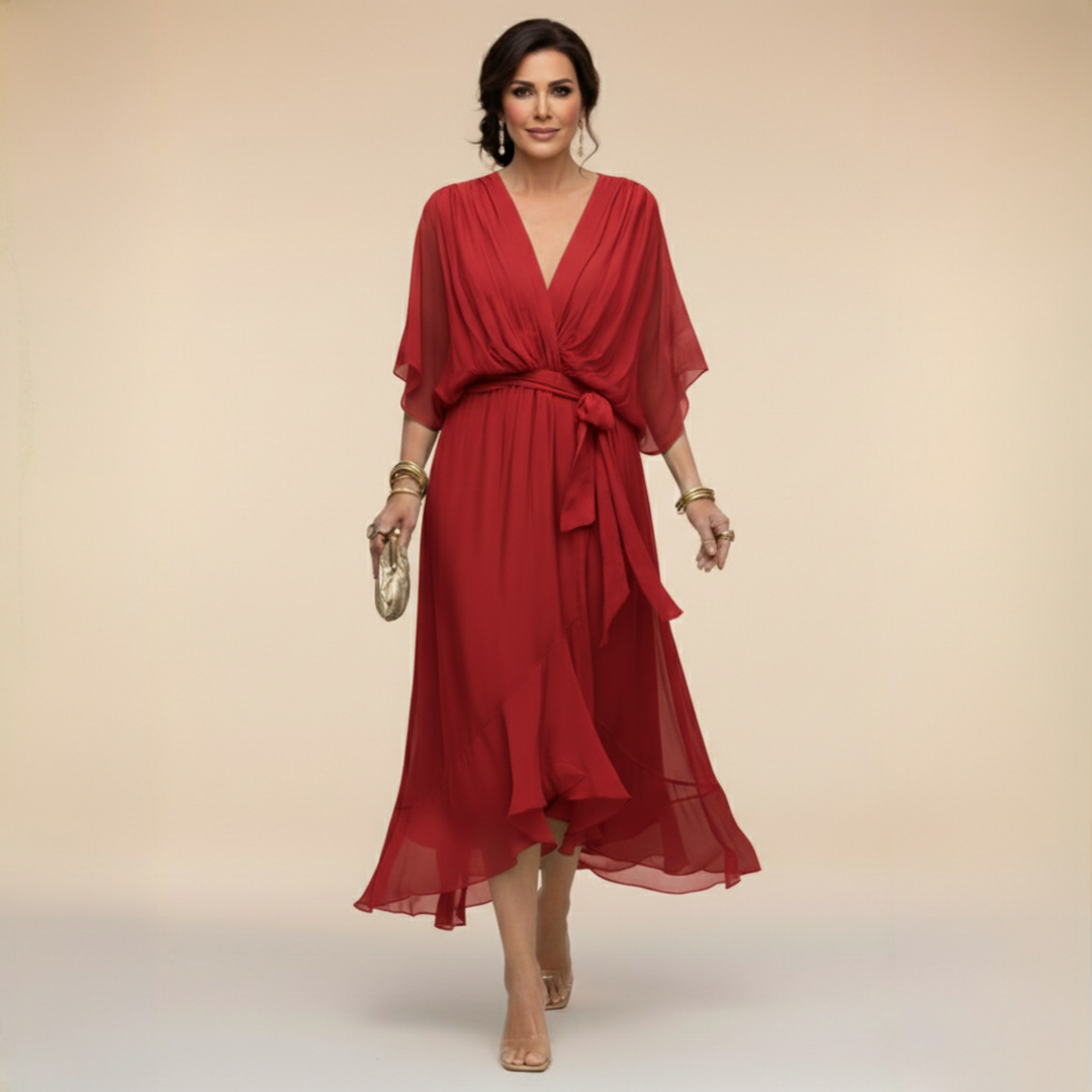 Red chiffon midi dress with batwing sleeves and belted waist