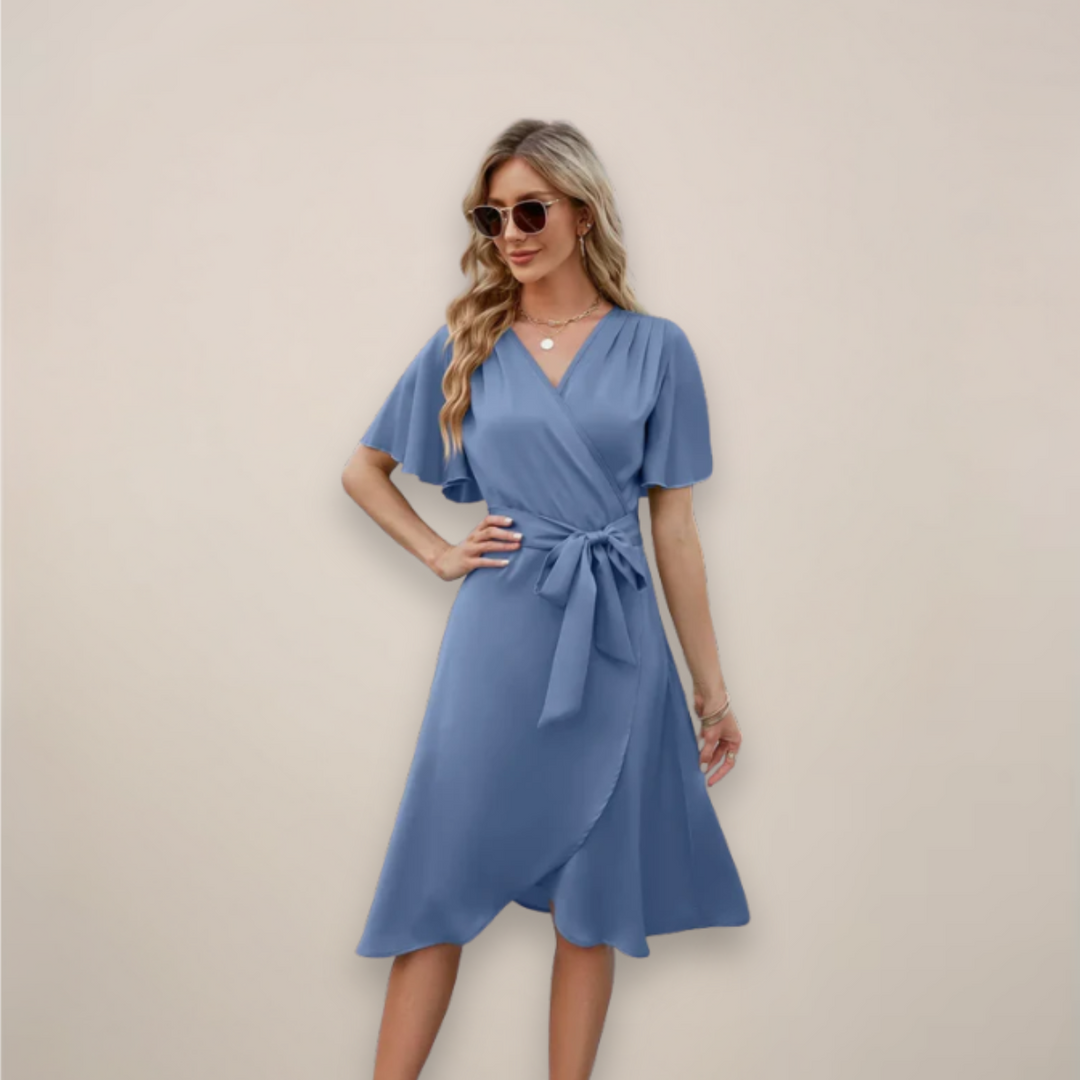 Blue wrap midi dress with flutter sleeves and tie waist belt