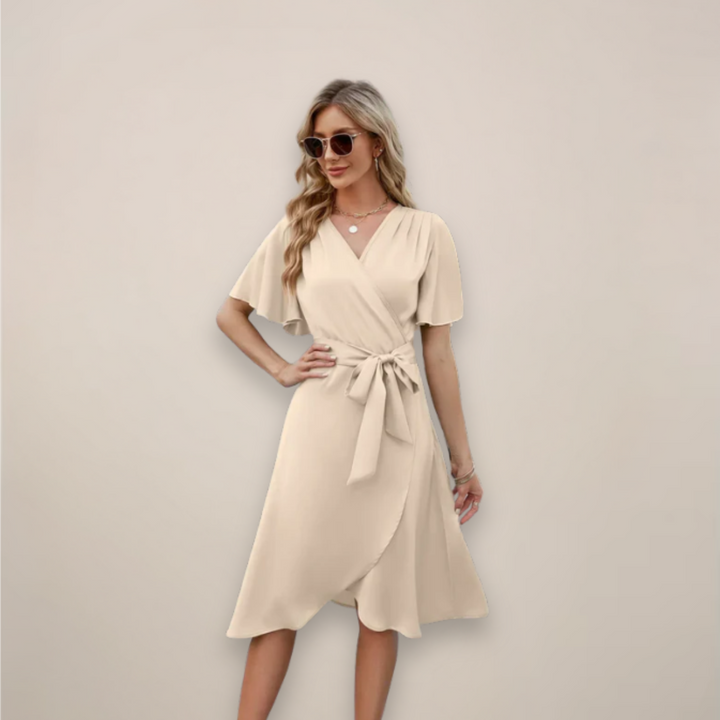 Cream wrap midi dress with V-neckline and flutter sleeves