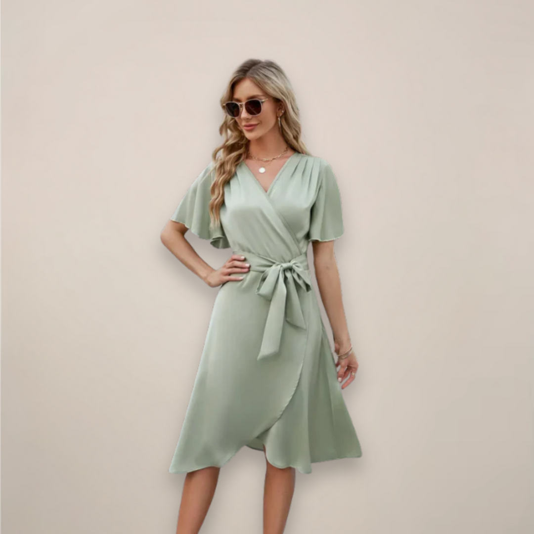 Sage green wrap midi dress with tie belt and flutter sleeves