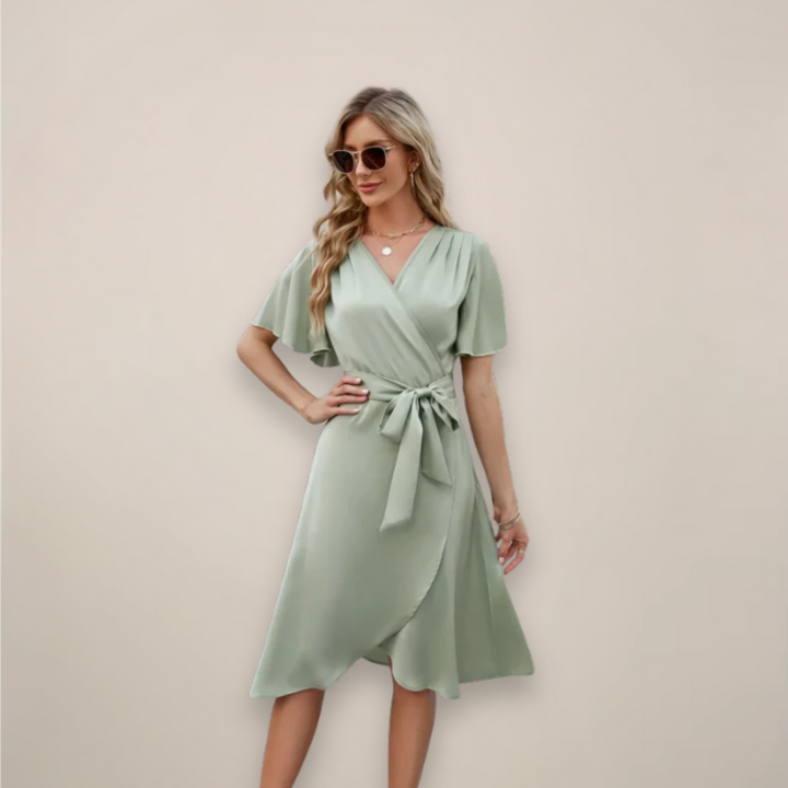 Sage green wrap midi dress with tie belt and flutter sleeves