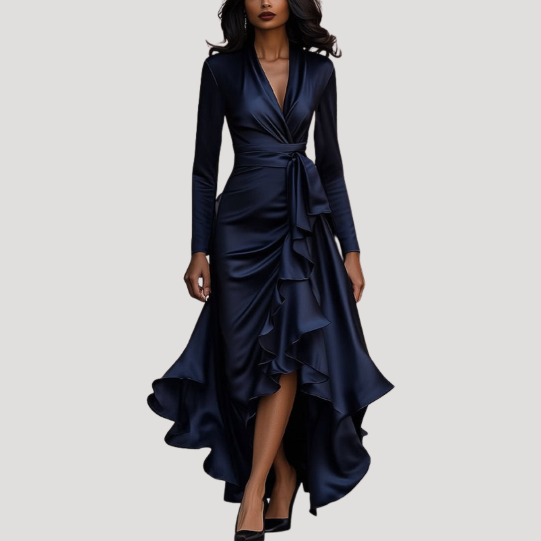 Navy satin wrap evening dress with ruffled asymmetric hem and long sleeves