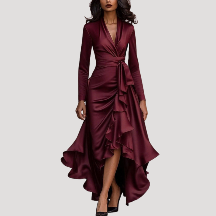 Burgundy satin wrap dress featuring ruffled high-low skirt and tie waist