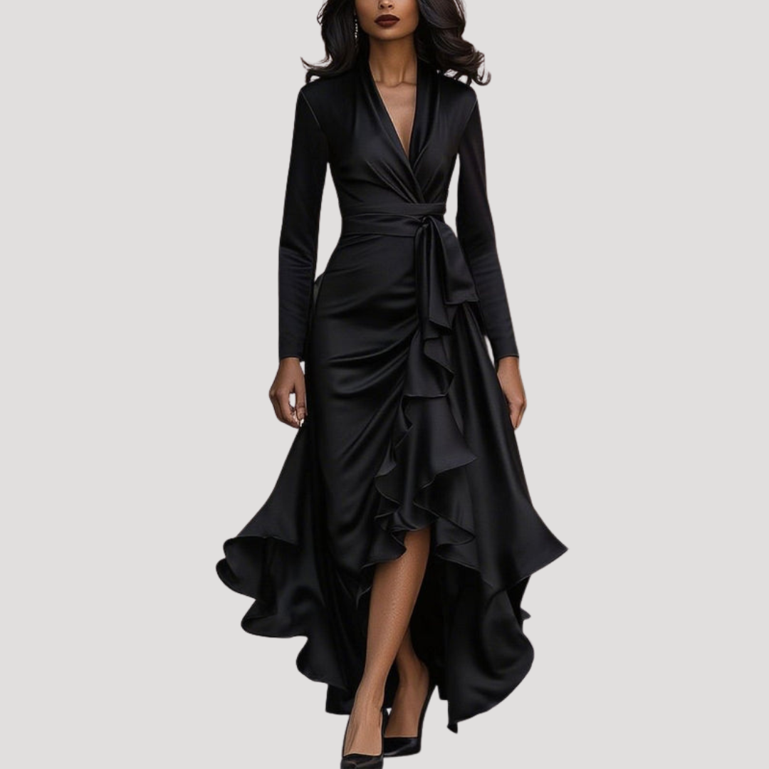 Black satin wrap evening dress with cascading ruffle detail and plunging neckline