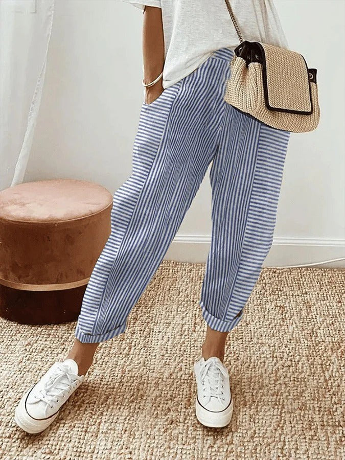 Blue striped relaxed-fit cropped trousers with rolled cuffs and elastic waist
