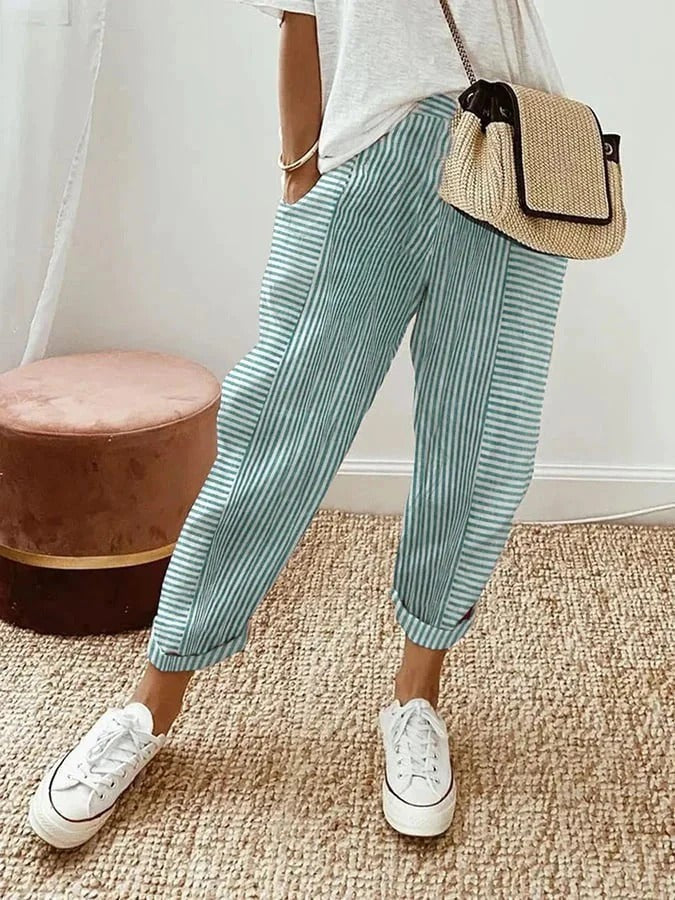 Teal striped relaxed cropped trousers with rolled hems and elasticated waist