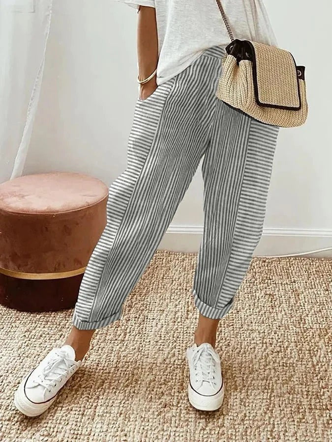Charcoal striped cropped trousers with contrast stripe panel and rolled cuffs