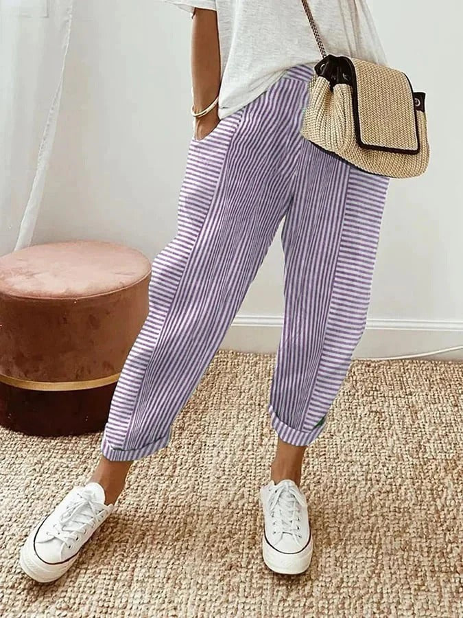 Lilac striped cropped trousers with turned-up hems and relaxed fit
