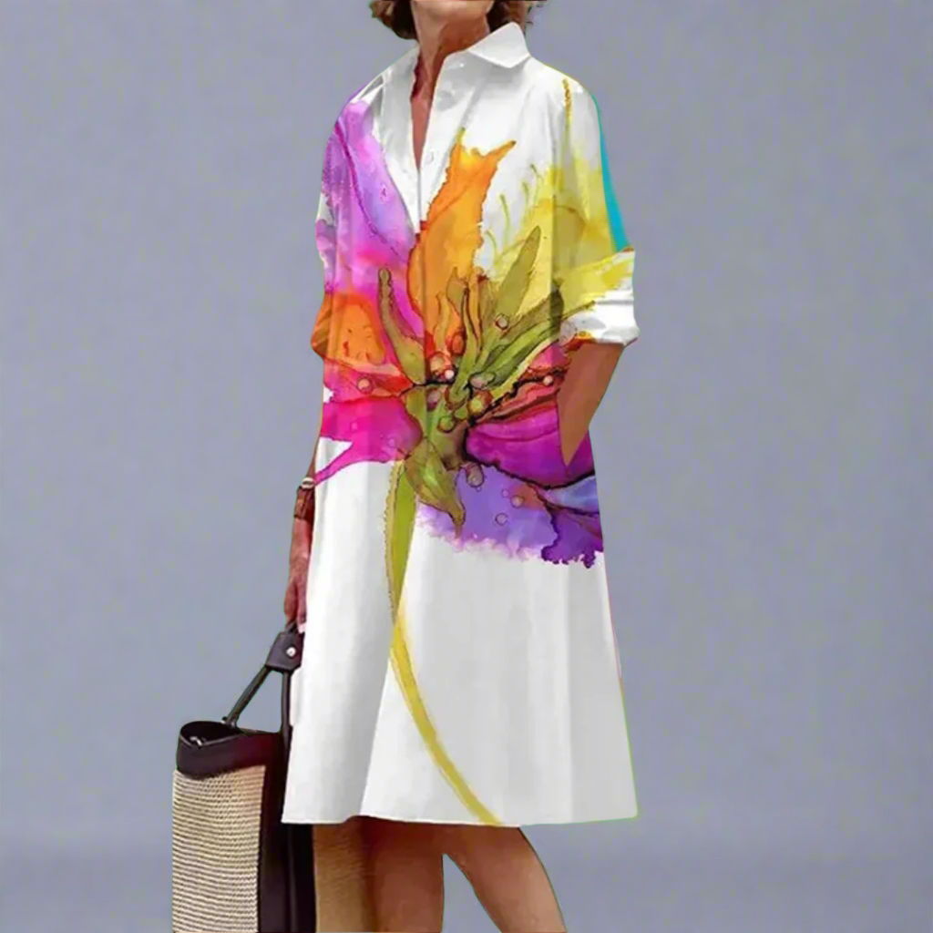 White shirt dress with vibrant watercolour floral print and collared neckline