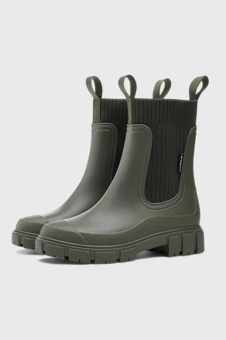 Khaki green Chelsea rain boots with knitted collar and thick tread sole