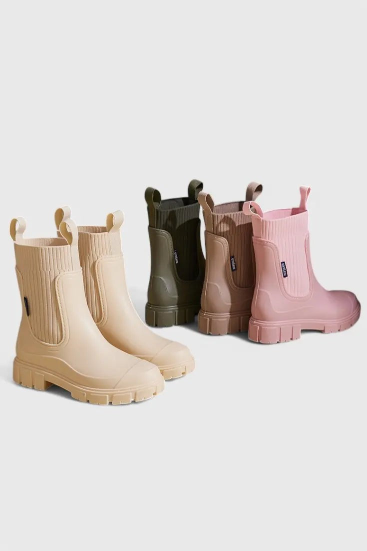 Chelsea rain boots in cream, olive, taupe and pink colourways lined up