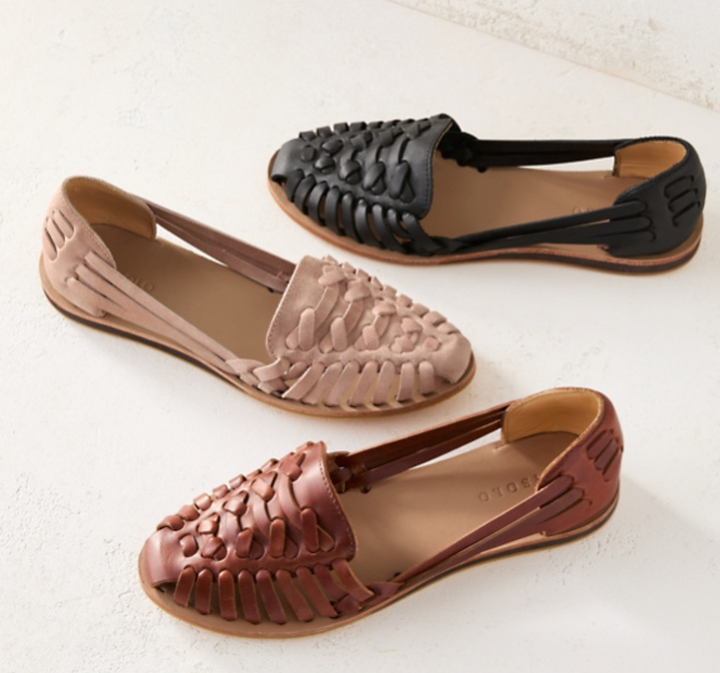 Three colourways of woven leather flat sandals in black, blush and brown