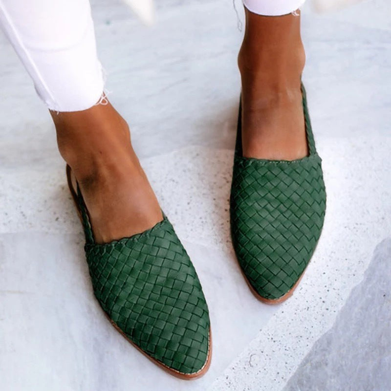 Forest green woven leather flat with pointed toe and slingback strap