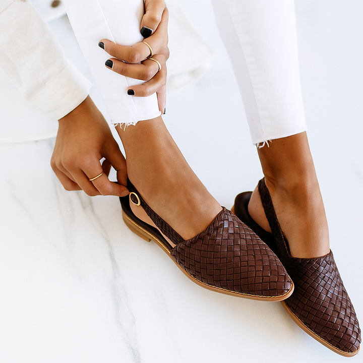 Chocolate brown woven leather flat sandal with adjustable ankle buckle