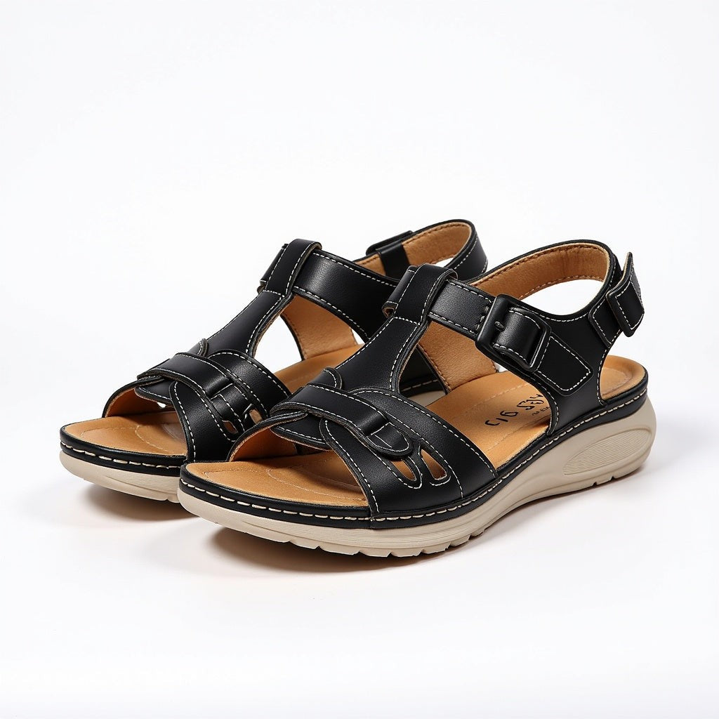 black woven T-bar sandals with buckle strap and contrast stitching on wedge sole