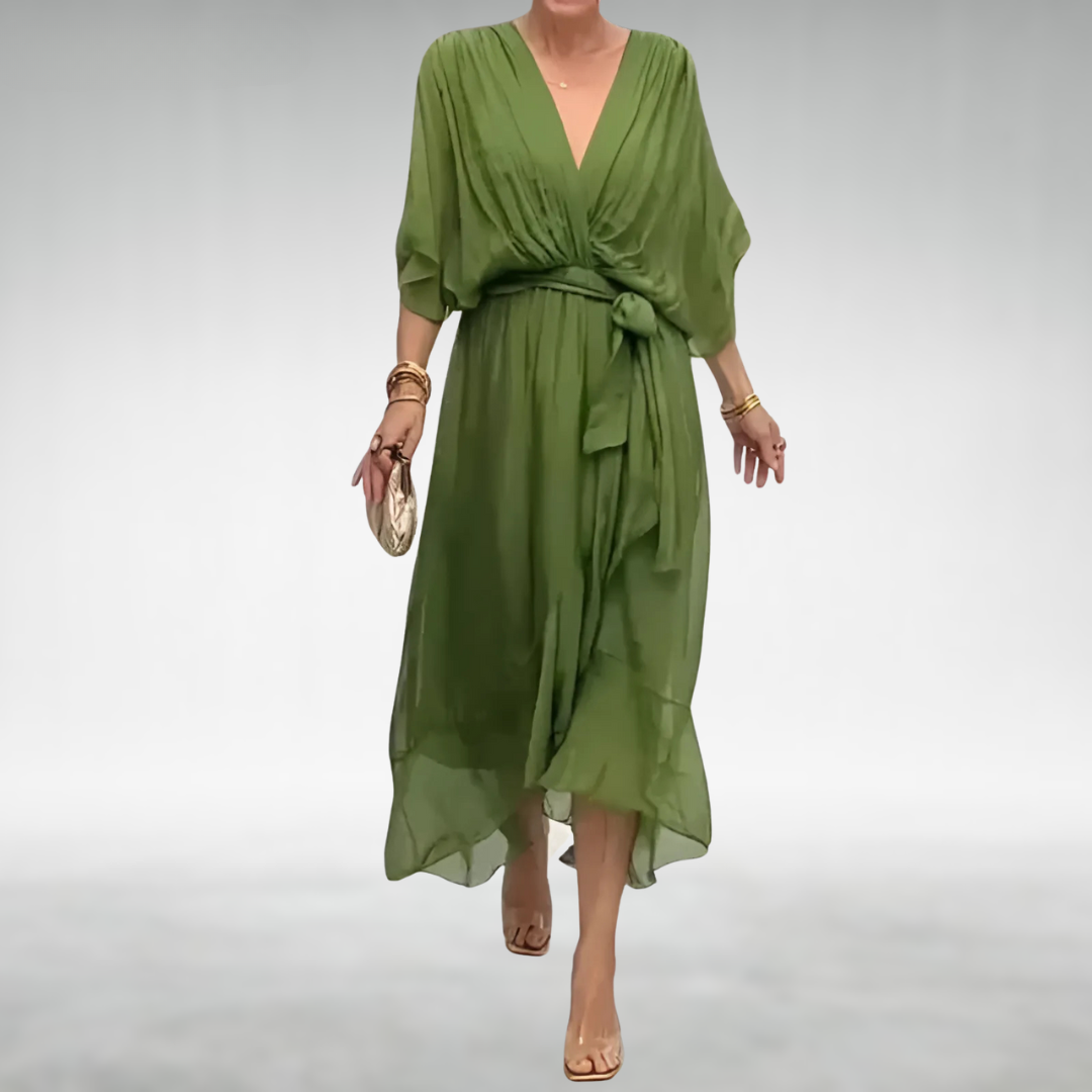 Olive green wrap-front maxi dress with flowing batwing sleeves and tie waist