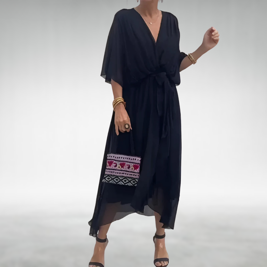 Black chiffon maxi dress with V-neckline, kimono sleeves and waist tie