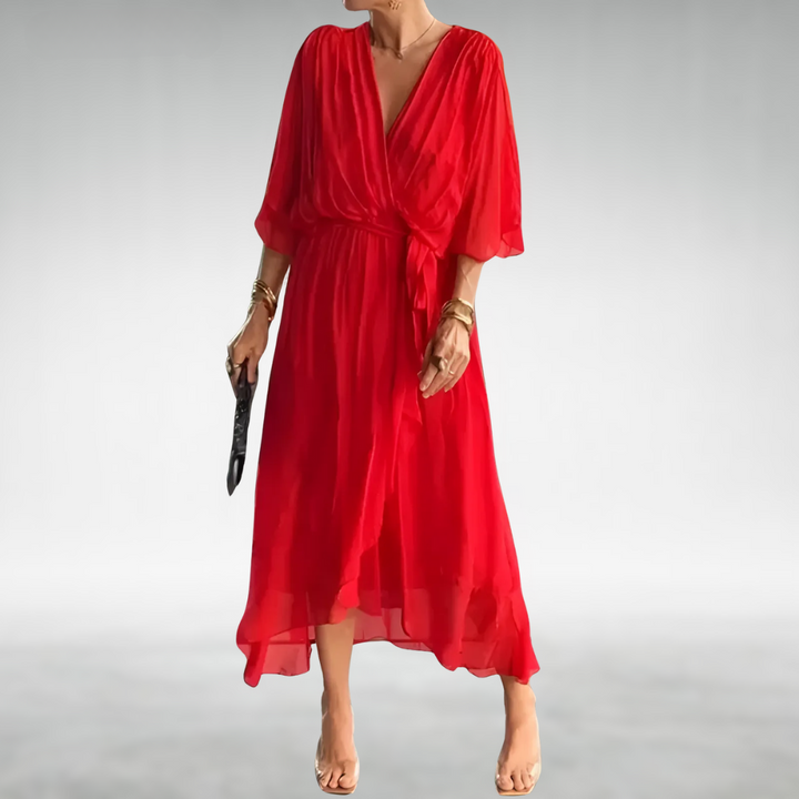 Red chiffon maxi dress with billowy sleeves and asymmetric ruffled hemline