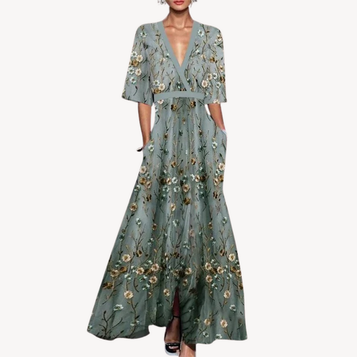 Sage green floral maxi dress with kimono sleeves and wrap V-neckline