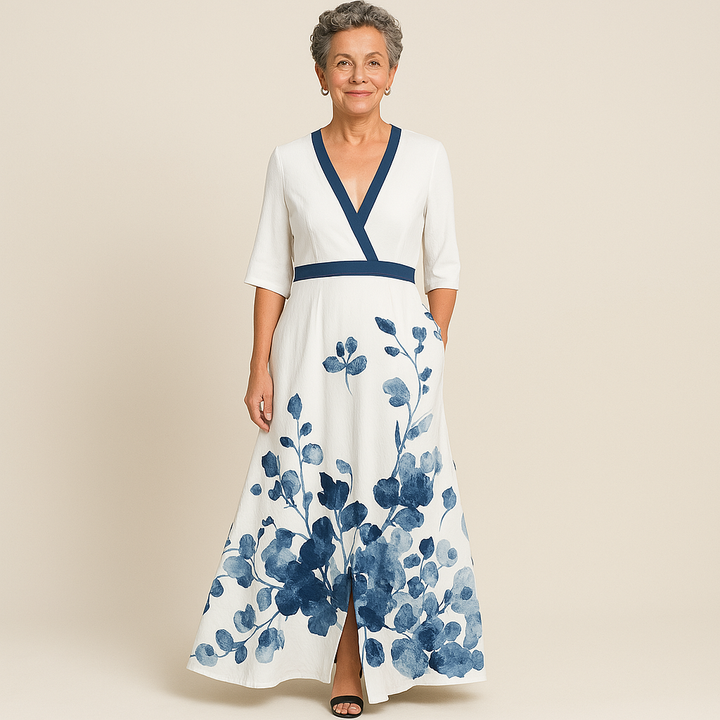 Ivory maxi dress with navy floral print and contrasting wrap neckline