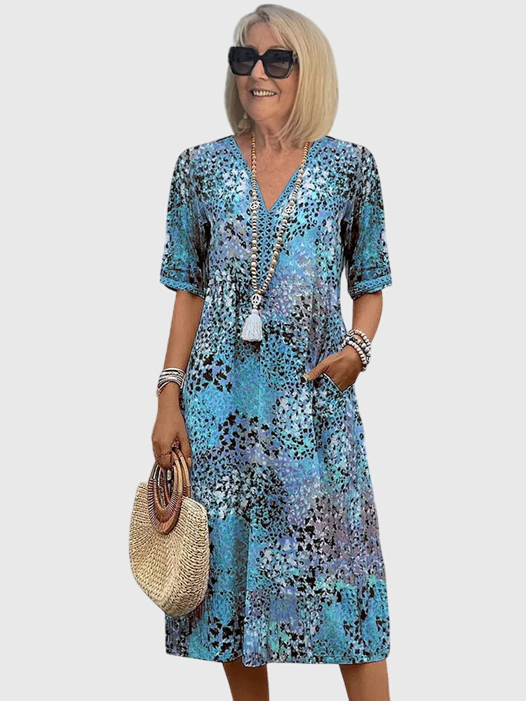 Floral Print V-Neck Short Sleeve Midi Dress for Women