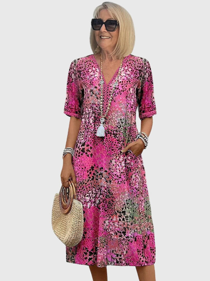 Floral Print V-Neck Short Sleeve Midi Dress for Women