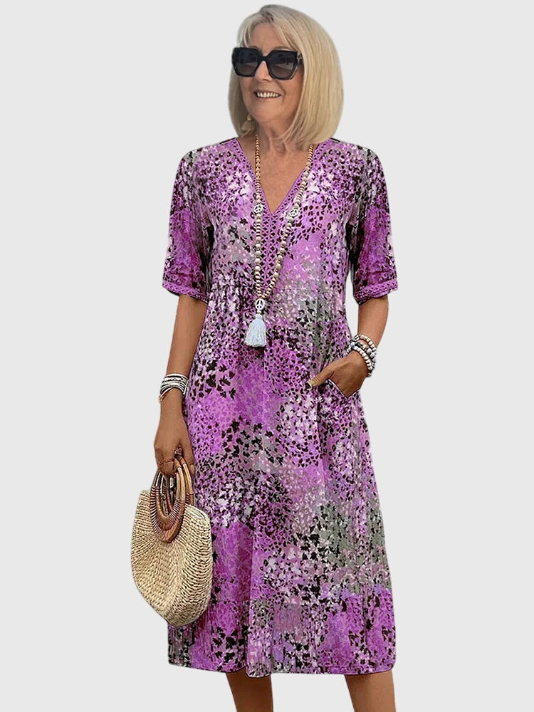 Floral Print V-Neck Short Sleeve Midi Dress for Women