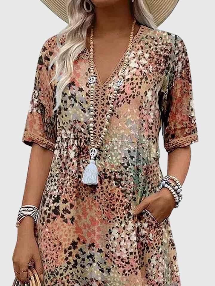 Floral Print V-Neck Short Sleeve Midi Dress for Women